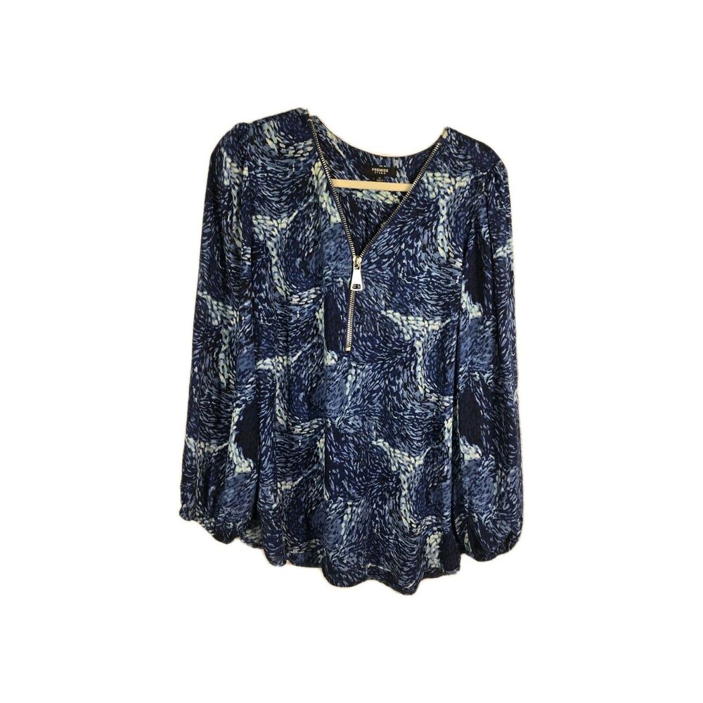 Premise Studio Blue Blouse W/Balloon Sleeves And Front Zip Neckline, Size XL GC